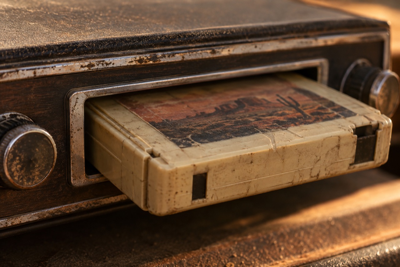 Illustrative close-up of a worn eight-track cartridge and player
